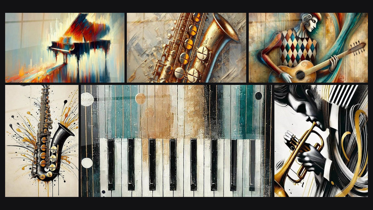 Mosaïque de six tableaux, dont Piano rêveur, Mélodie en Or et Musicien N°1- Edition Musique Abstrait
