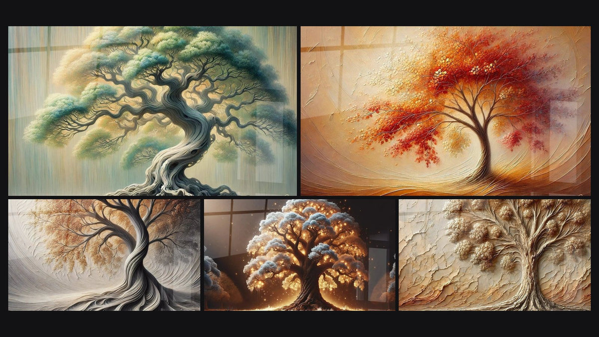 Mosaïque de cinq tableaux, dont Racines Éternelles, Souffle de la Terre et Danse des Saisons