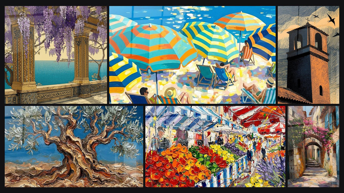 Mosaïque de six tableaux, dont Pergola Méditerranéenne, Olivier Centenaire et Marché Provençal