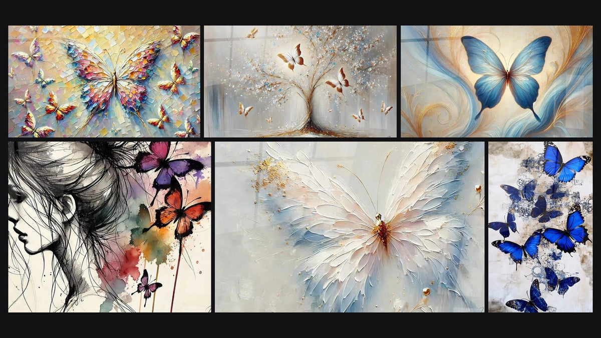 Mosaïque de six tableaux, dont Mélodie Florale, L'Envol des Pensées et L'Arbre de la Sérénité