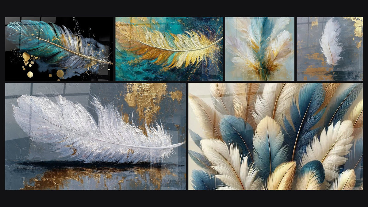 Mosaïque de six tableaux, dont Plume Blanche sur Fond Bleu-Gris et Dorure et Délicatesse Dorée