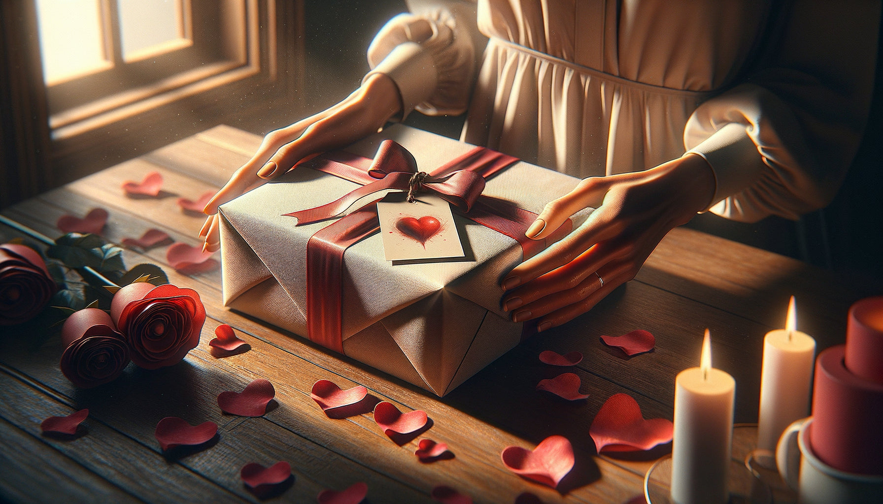 Cadeau de Saint-Valentin : tableau d'art contemporain romantique emballé avec ruban rouge sur table décorée