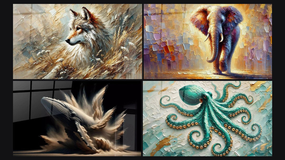 Mosaic of four paintings, including Echo of the Forest, Light Colossus and Elise's Whale