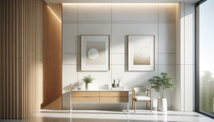 Comparaison cadre aluminium et bois sur mur blanc cabinet médical design épuré contemporain