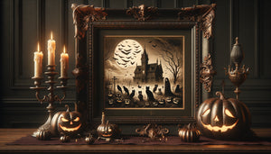 Illustration Halloween victorienne années 1880 dans cadre ancien en bois sombre avec dorures patinées, esthétique gothique authentique