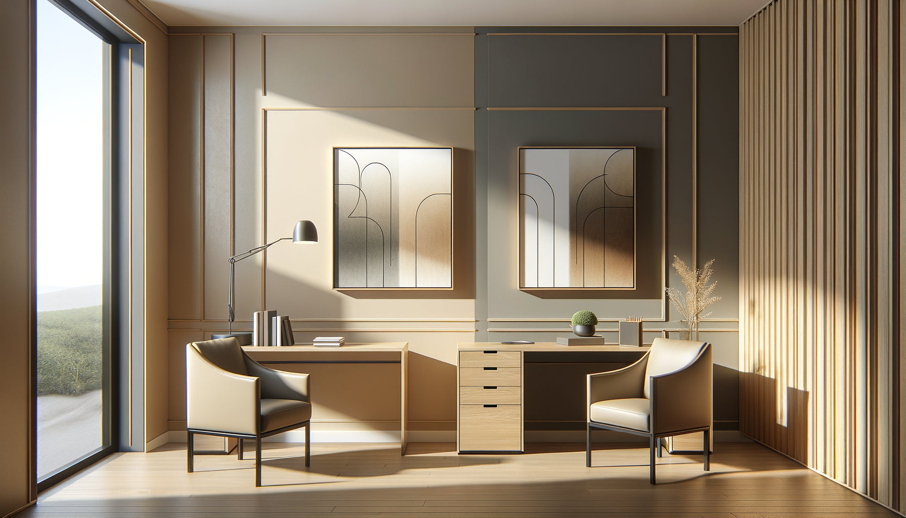 Comparaison cadres bois clair et foncé sur mur neutre de cabinet professionnel contemporain