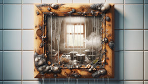 Cadre en bois déformé et moisi sur mur de cuisine humide avec condensation et signes de détérioration