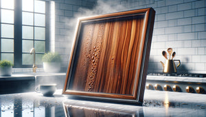 Cadre en bois laqué brillant résistant à l'humidité avec finition polyuréthane dans une cuisine moderne