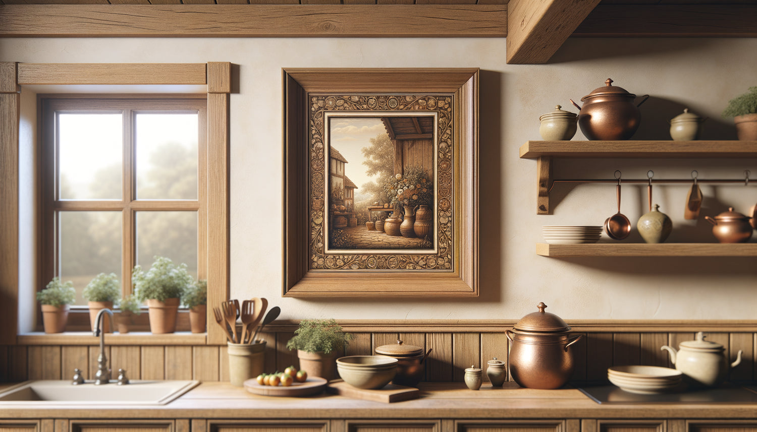 Cadre composite imitation chêne accroché dans cuisine traditionnelle chaleureuse avec éléments rustiques en arrière-plan