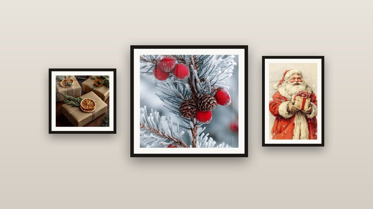 Gallery wall with three framed paintings, including Gifts Christmas Morning December 25 and Santa Generosity Treasure