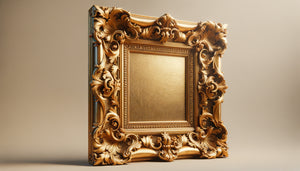 Détail rapproché d'un cadre doré baroque ornemanté avec feuilles d'acanthe sculptées et finition à la feuille d'or