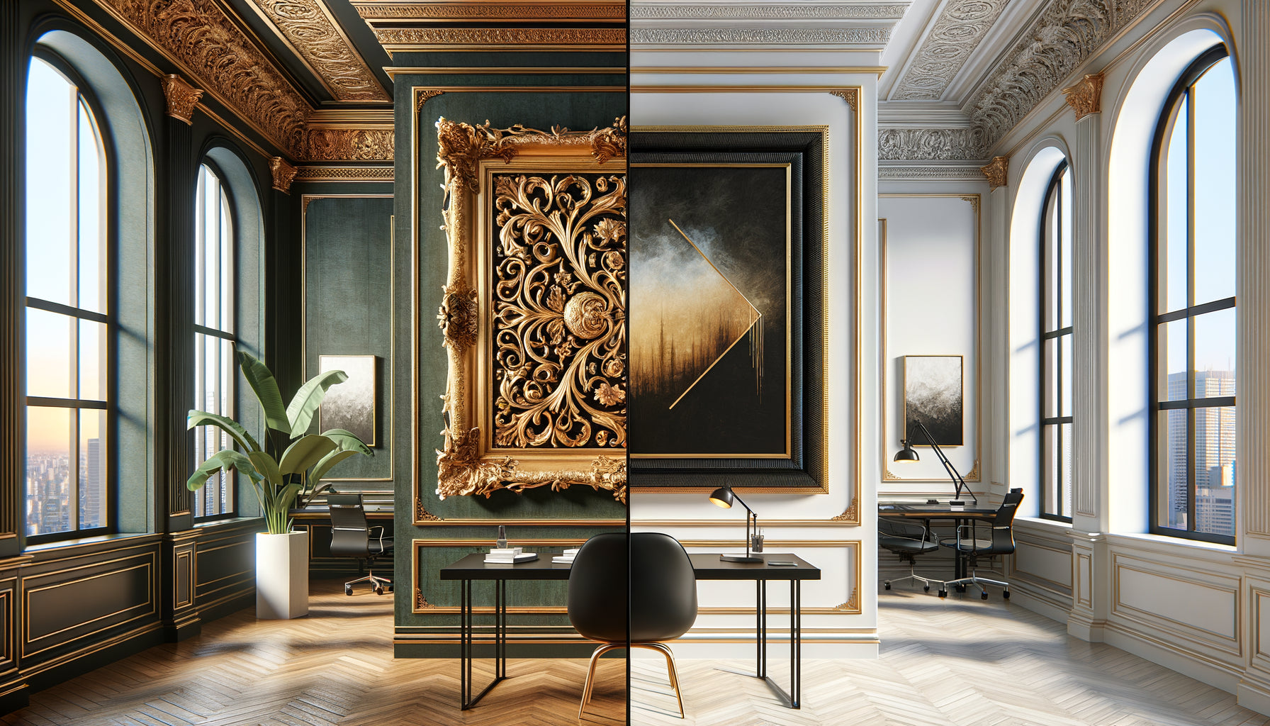 Comparaison cadre doré baroque et cadre épuré minimaliste dans contexte professionnel moderne