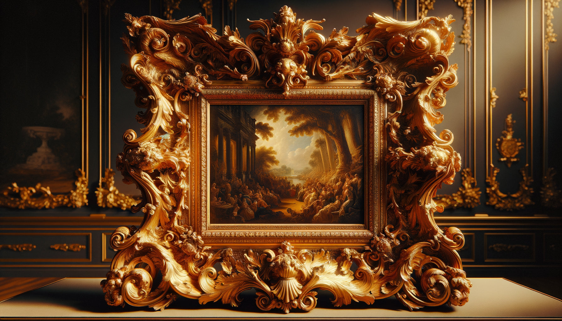 Gros plan sur cadre doré ornementé baroque du 18ème siècle avec sculptures détaillées et feuille d'or