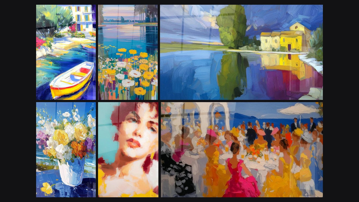 Mosaïque de six tableaux, dont Barque Quiétude Portuaire et Paysage Floral Contemplation Aquarellée