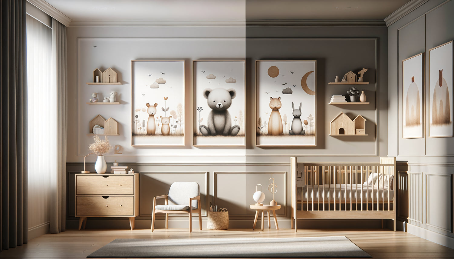 Comparaison cadre flottant moderne et cadre traditionnel bois sur mur chambre enfant intemporelle neutre