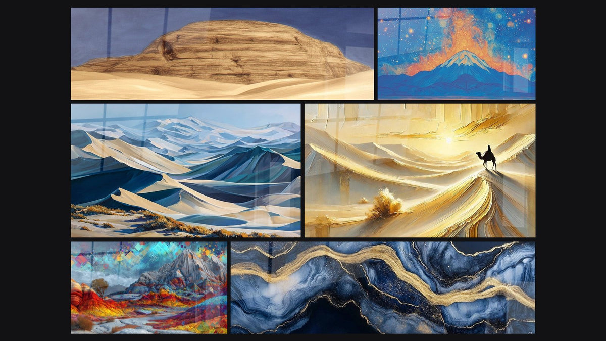 Mosaik aus sechs Gemälden, darunter Geschichtete Felsenformation, Abstrakte Sternenberge-Kunstwerk und Einsamkeit der Dünen