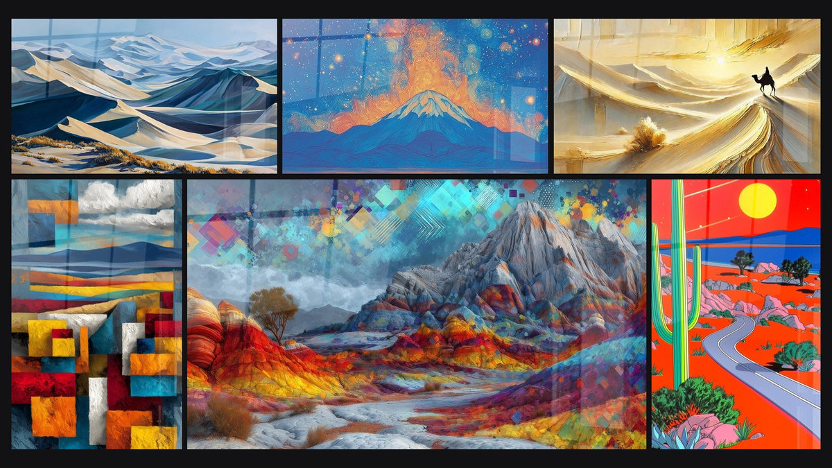 Mosaïque de six tableaux, dont Paysage montagneux désertique, Abstrait géométrique et Montagne étoilée