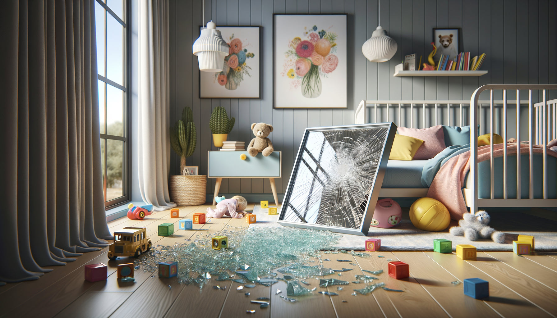 Cadre photo brisé avec éclats de verre dangereux dans une chambre d'enfant moderne, illustrant les risques domestiques