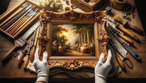 Gros plan d'un cadre doré vintage orné avec patine authentique encadrant une peinture ancienne, atelier de restauration traditionnel