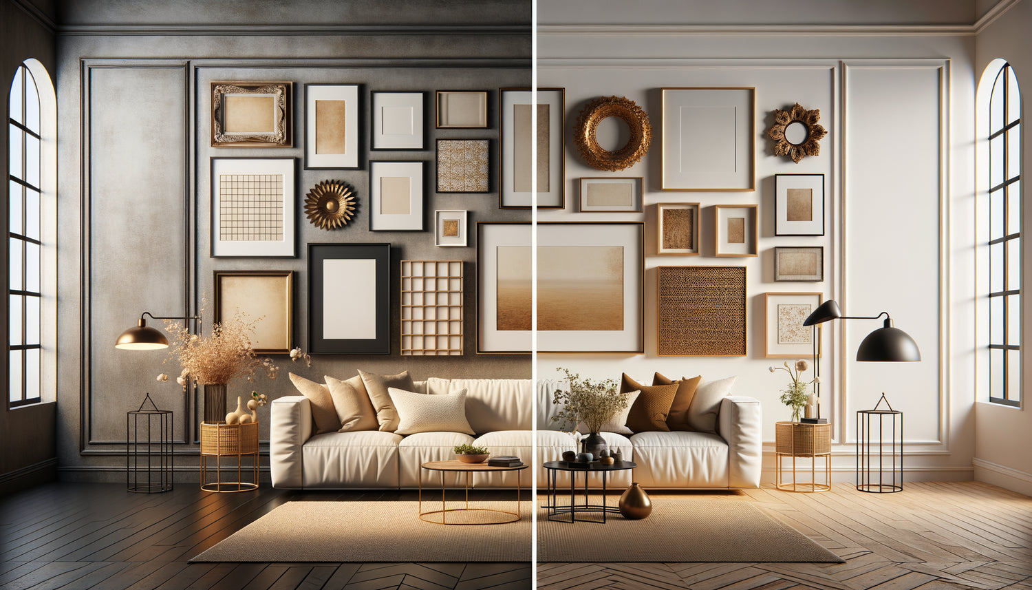 Comparaison visuelle entre mur de cadres assortis minimalistes et mur de cadres éclectiques variés dans intérieur contemporain