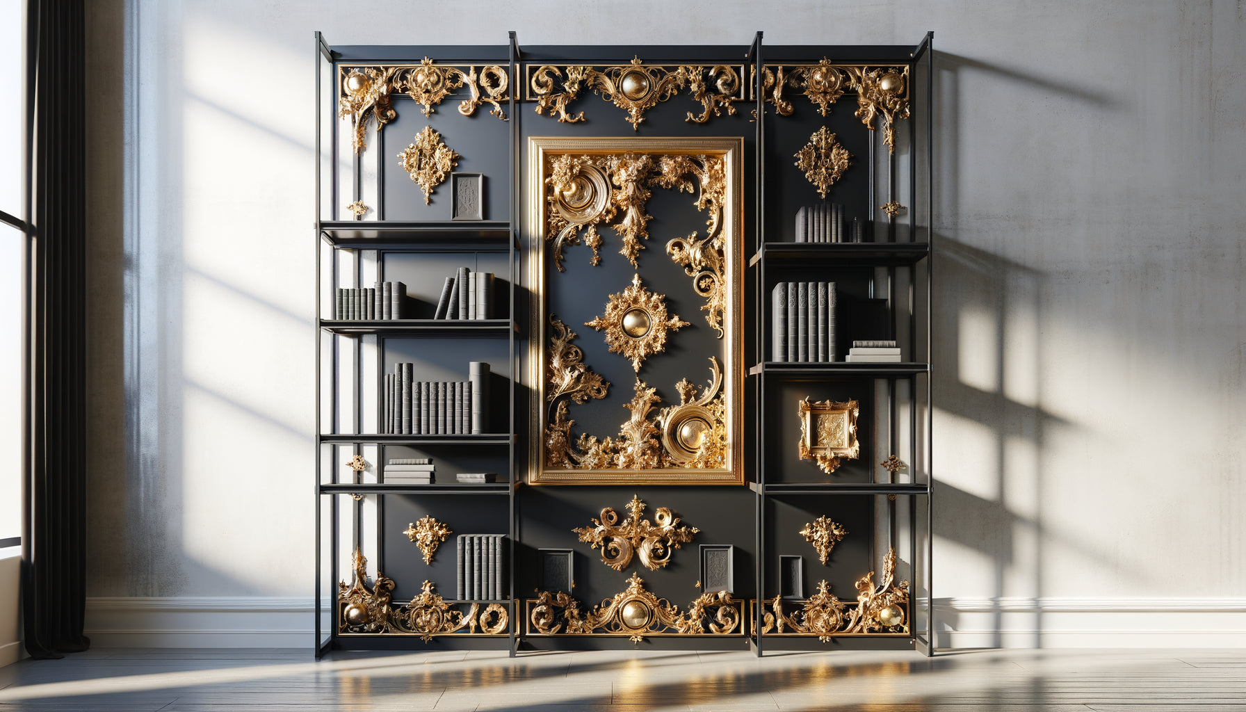 Bibliothèque industrielle en métal noir avec cadres dorés classiques ornementés créant un contraste sophistiqué