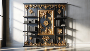 Bibliothèque industrielle en métal noir avec cadres dorés classiques ornementés créant un contraste sophistiqué