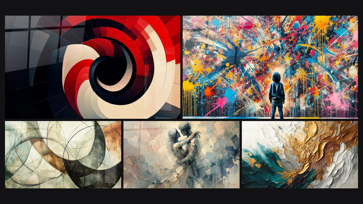 Mosaico di cinque quadri, tra cui A spirale geometrica rossa, I Legami Invisibili e Schizzi di Pittura