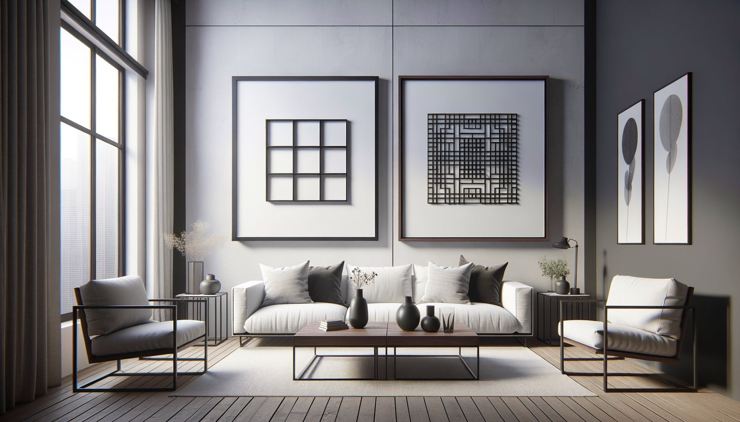 Comparaison visuelle entre cadres fins et épais sur un même mur d'intérieur contemporain restreint