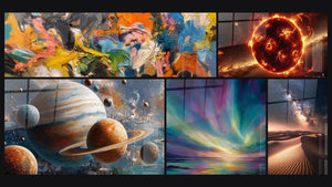 Mosaico de cinco cuadros, entre ellos Abstracta multicolora, Planetas sistema solar y Paisaje marino