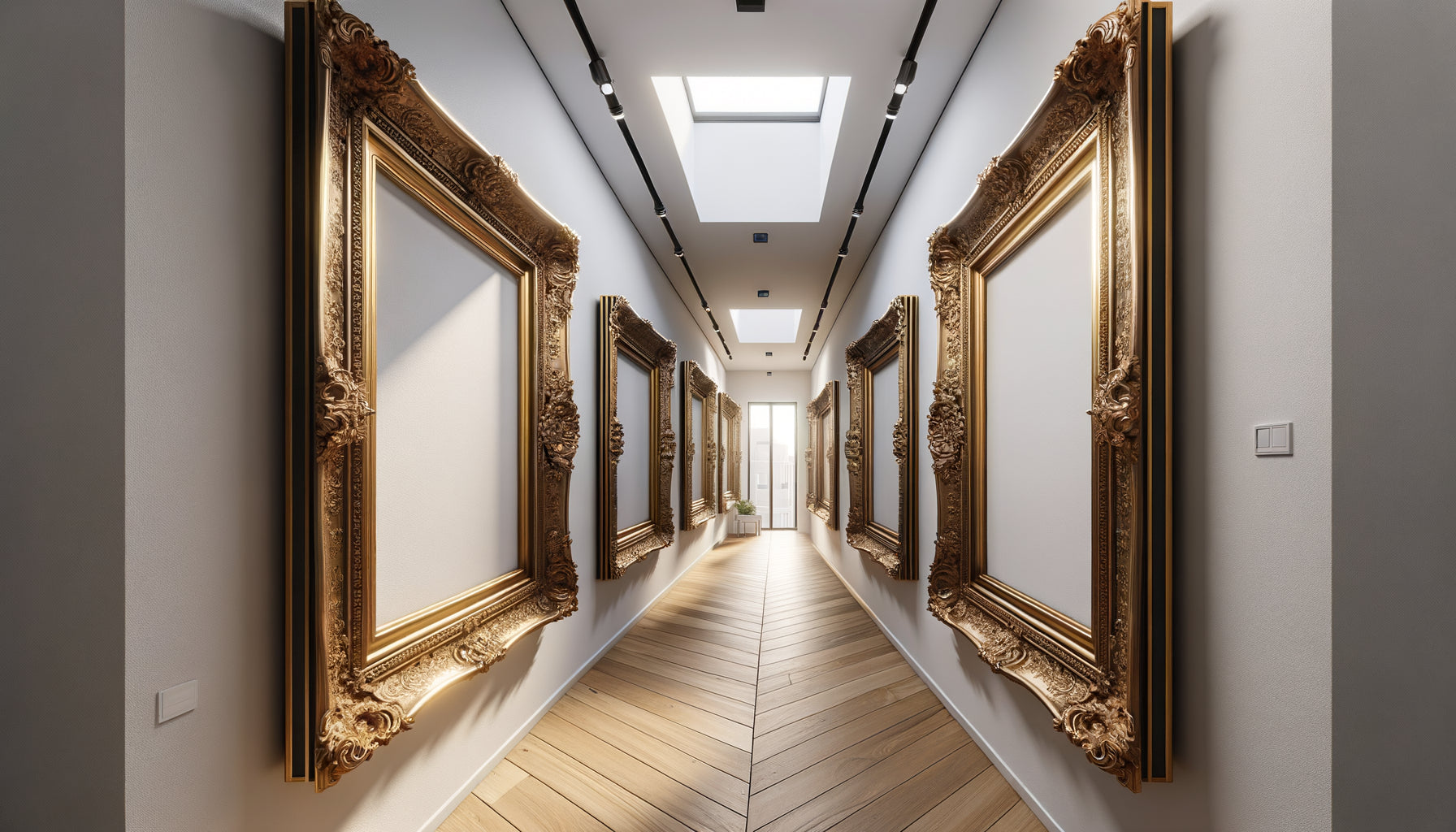 Couloir étroit encombré par des tableaux aux cadres baroques trop épais créant un obstacle dangereux