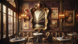 Intérieur authentique de café parisien vintage années 20-50 avec miroir patiné, affiches rétro et décor Belle Époque