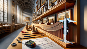 Étagère en bois supportant des œuvres d'art avec flèche de déformation visible et instruments de mesure techniques