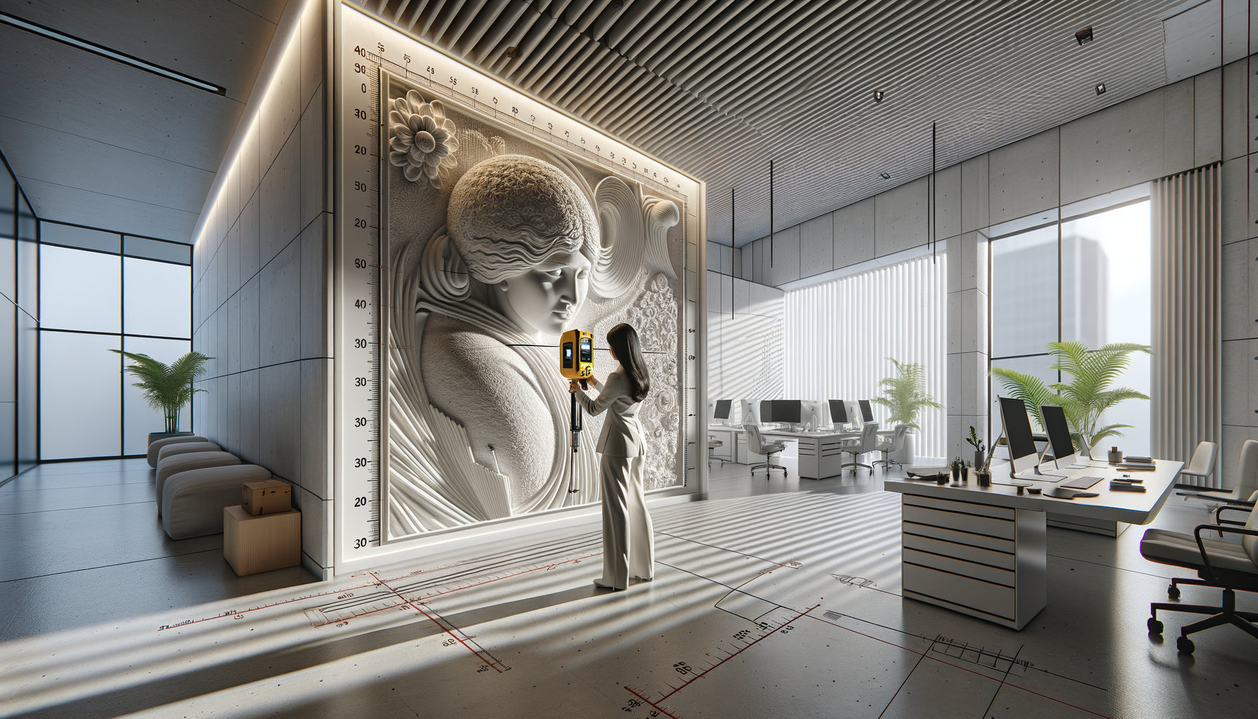 Mesure de profondeur d'une installation murale en relief dans un bureau moderne avec laser de distance