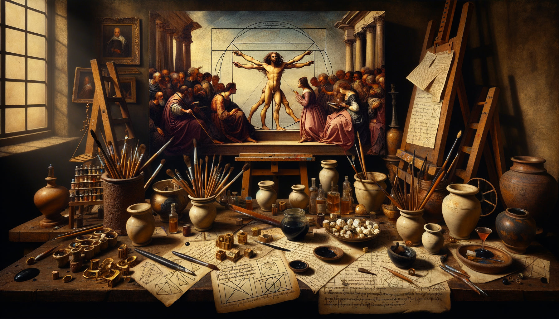 Atelier de peintre maniériste du 16ème siècle avec calculs géométriques, pigments noirs et diagrammes d'ombres portées