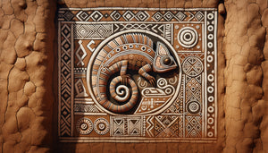 Mur traditionnel d'Afrique centrale orné de caméléons stylisés aux motifs géométriques ancestraux, pigments naturels ocre et terre