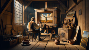 Peintre hollandais du XVIIe siècle utilisant une camera obscura dans son atelier pour tracer un paysage néerlandais projeté