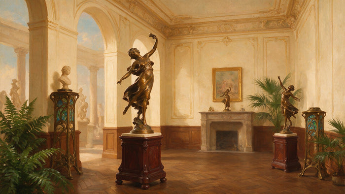 Une salle de galerie d'esprit Belle Époque, avec des sculptures en bronze sur des sellettes en bois, entourées de plantes vertes.