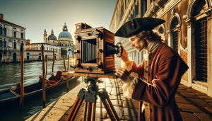 Artiste vénitien du 18ème siècle utilisant une camera obscura face à l'architecture de Venise pour créer une veduta