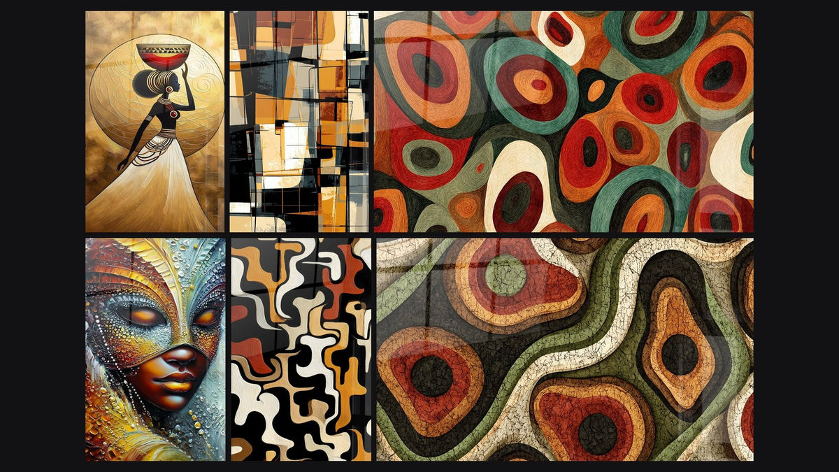 Mosaic of six paintings, including Tradition Bearer, Abstract Geometric and Organic Forms