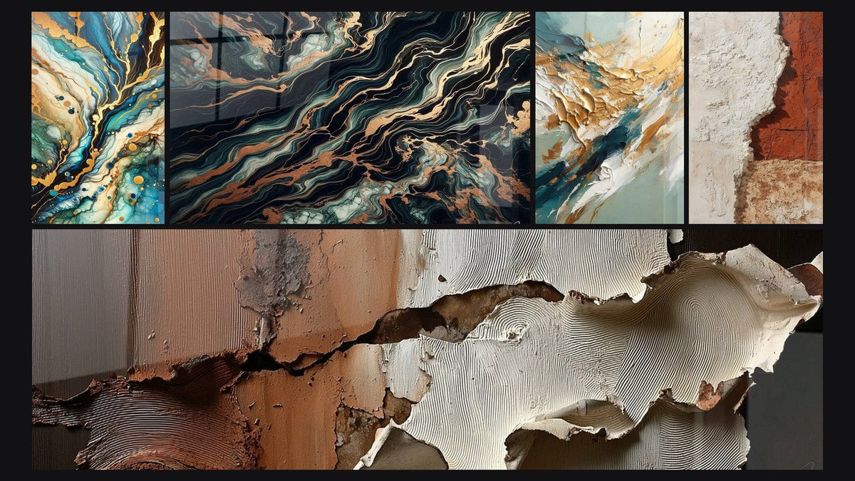 Mosaico de cinco cuadros, entre ellos Laberinto Mineral, Flujo Aurífero y Flujo y Retroceso Dorado