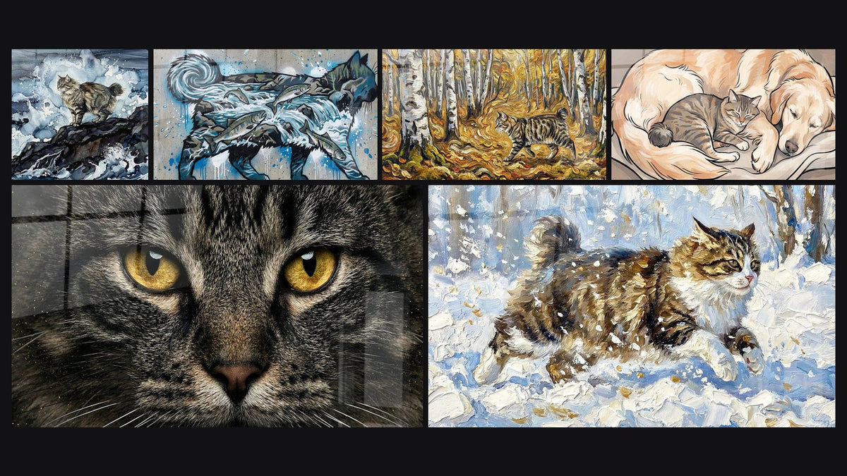 Mosaïque de six tableaux, dont Chat des Tempêtes, Chat Aquatique et Portrait Chat aux Yeux Dorés