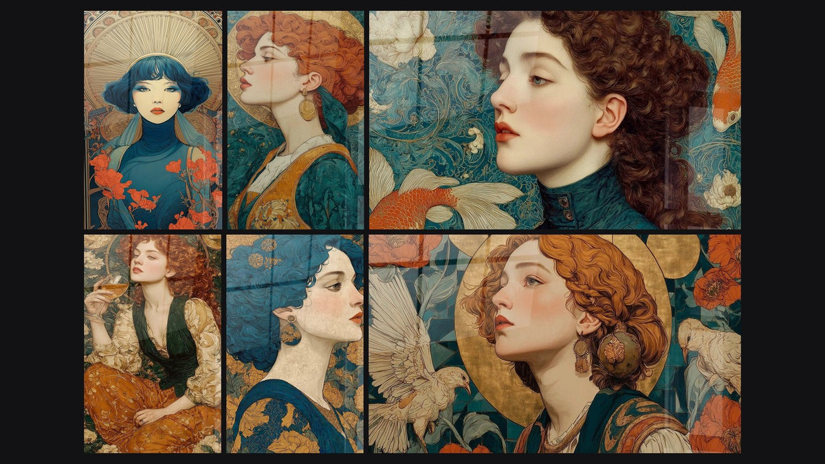 Mosaïque de six tableaux, dont Femme Art Nouveau, Femme Émeraude et Ambre et Femme Élixir Solaire