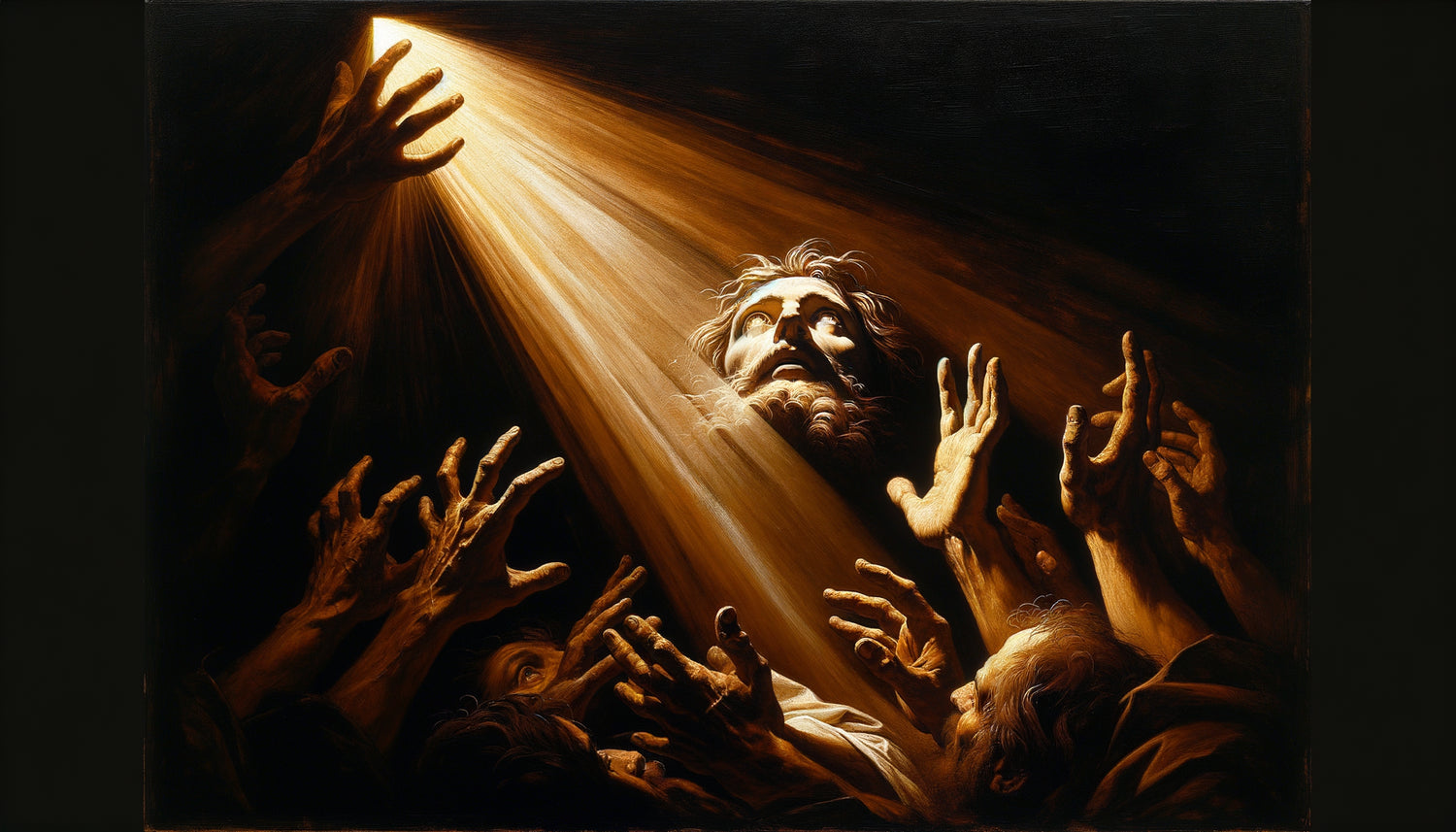 Peinture baroque dans le style ténébriste de Caravage avec faisceau de lumière crue traversant l'obscurité profonde