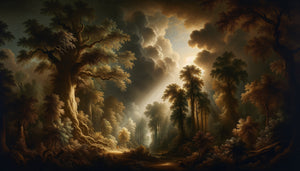 Paysage forestier nordique du XVIIe siècle traité en ténébrisme caravagesque avec contrastes dramatiques lumière et ombre