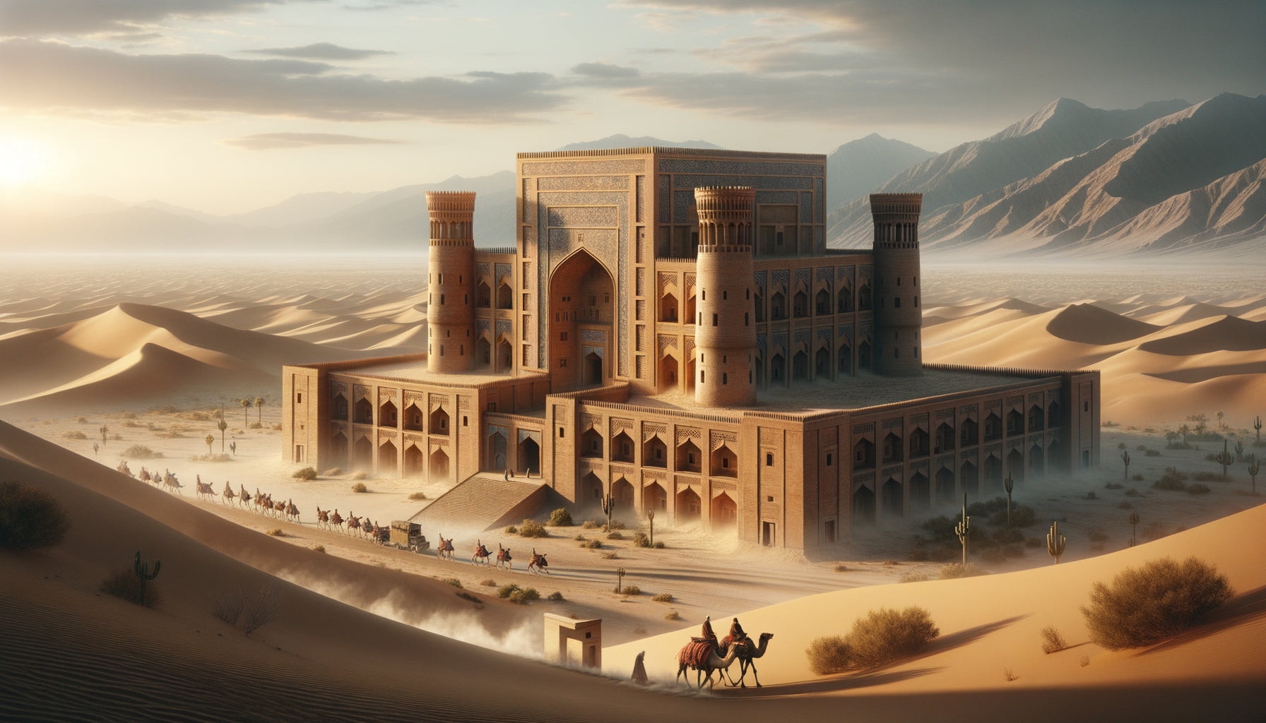 Caravansérail historique persan dans le désert, architecture médiévale de la Route de la Soie avec cour centrale