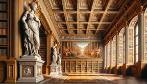 Bibliothèque Renaissance italienne montrant cariatides sculptées en marbre et cariatides peintes en trompe-l'œil côte à côte