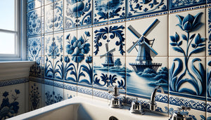 Carreaux de Delft bleu cobalt et blanc sur mur de salle de bain, motifs traditionnels hollandais du 17ème siècle