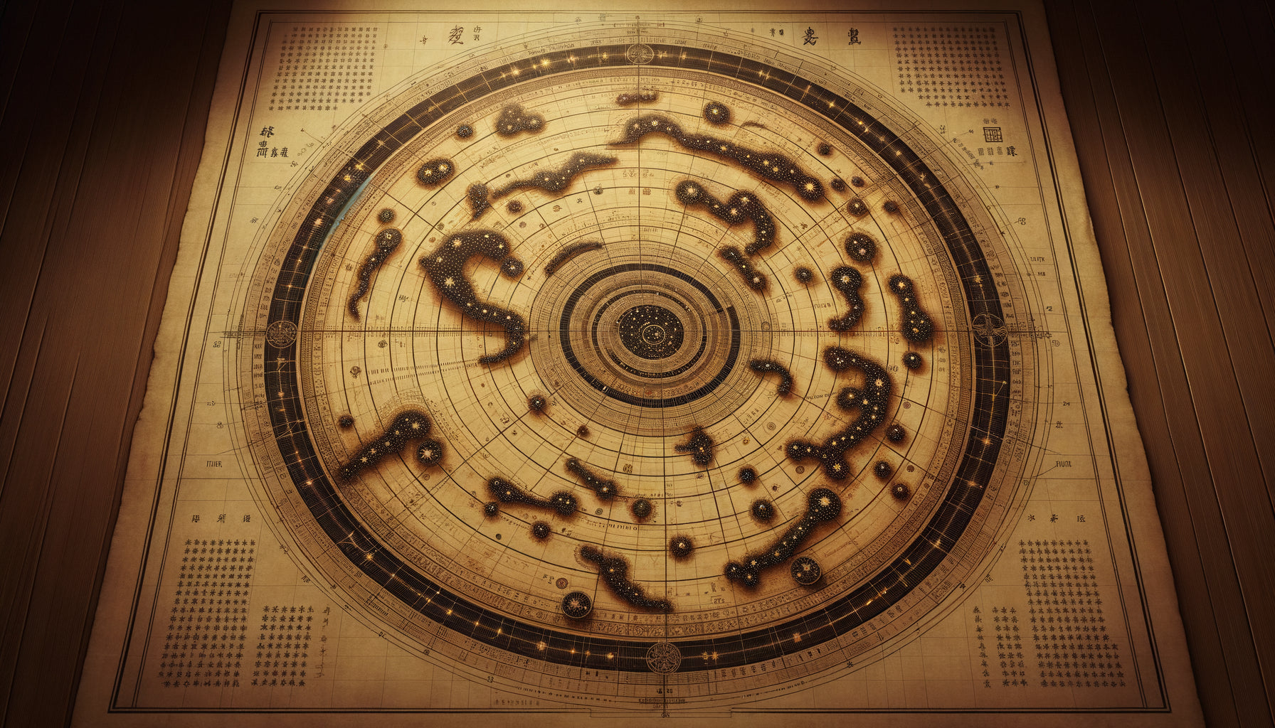 Carte céleste circulaire chinoise dynastie Song avec 1400 étoiles, géométrie organique et calligraphie traditionnelle sur soie ancienne