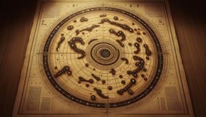 Carte céleste circulaire chinoise dynastie Song avec 1400 étoiles, géométrie organique et calligraphie traditionnelle sur soie ancienne