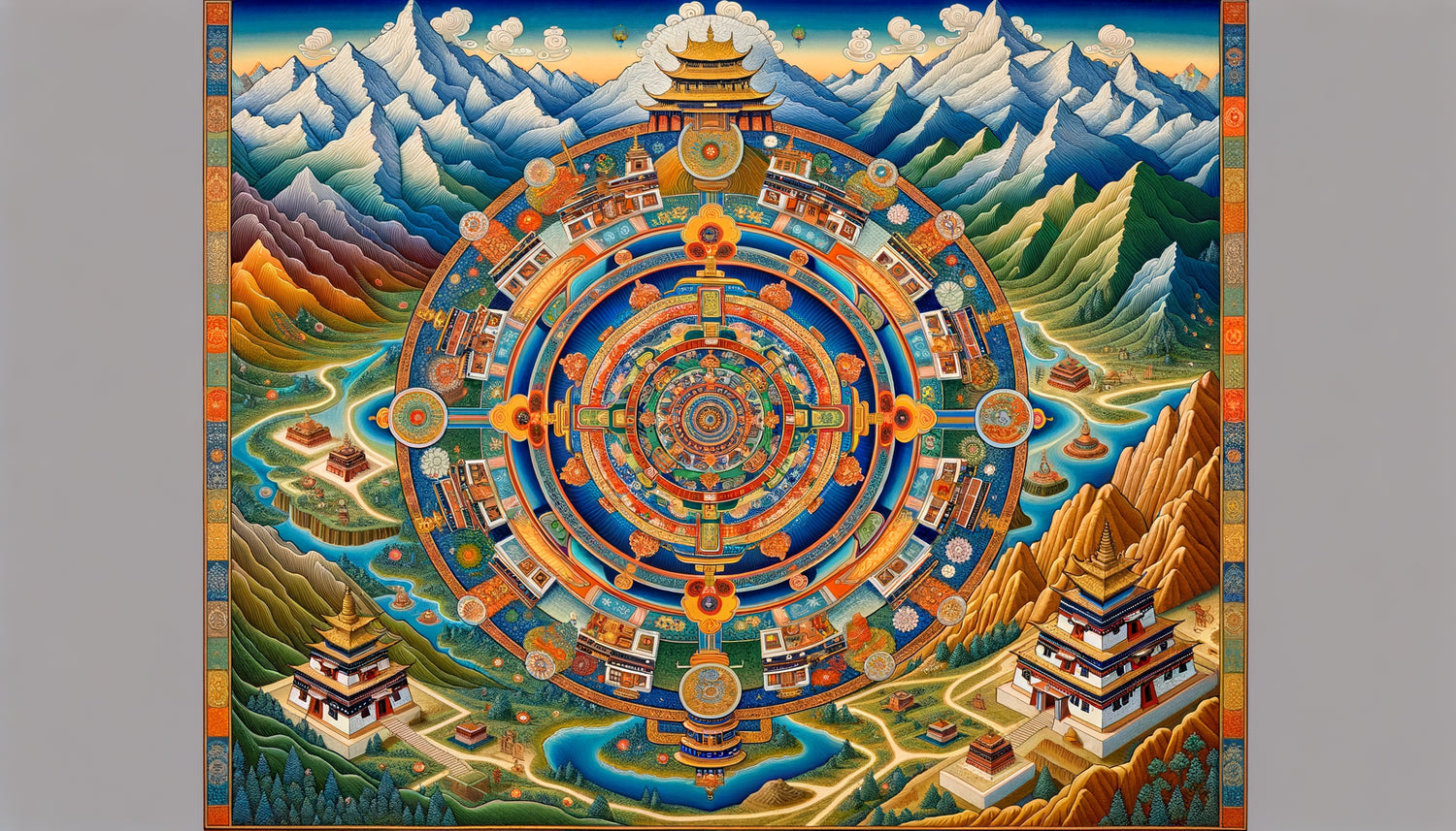 Carte mandalique tibétaine traditionnelle fusionnant paysage sacré himalayen et géométrie bouddhiste avec temple central et divinités